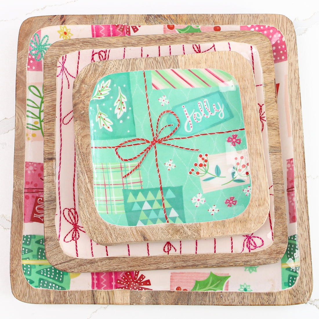 Enamel Mango Wood Trays Set Of 3 Pink and green