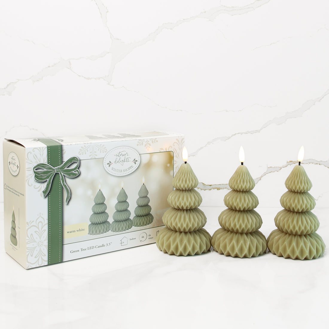 Green Pleated Tree LED Candle, Set of 3