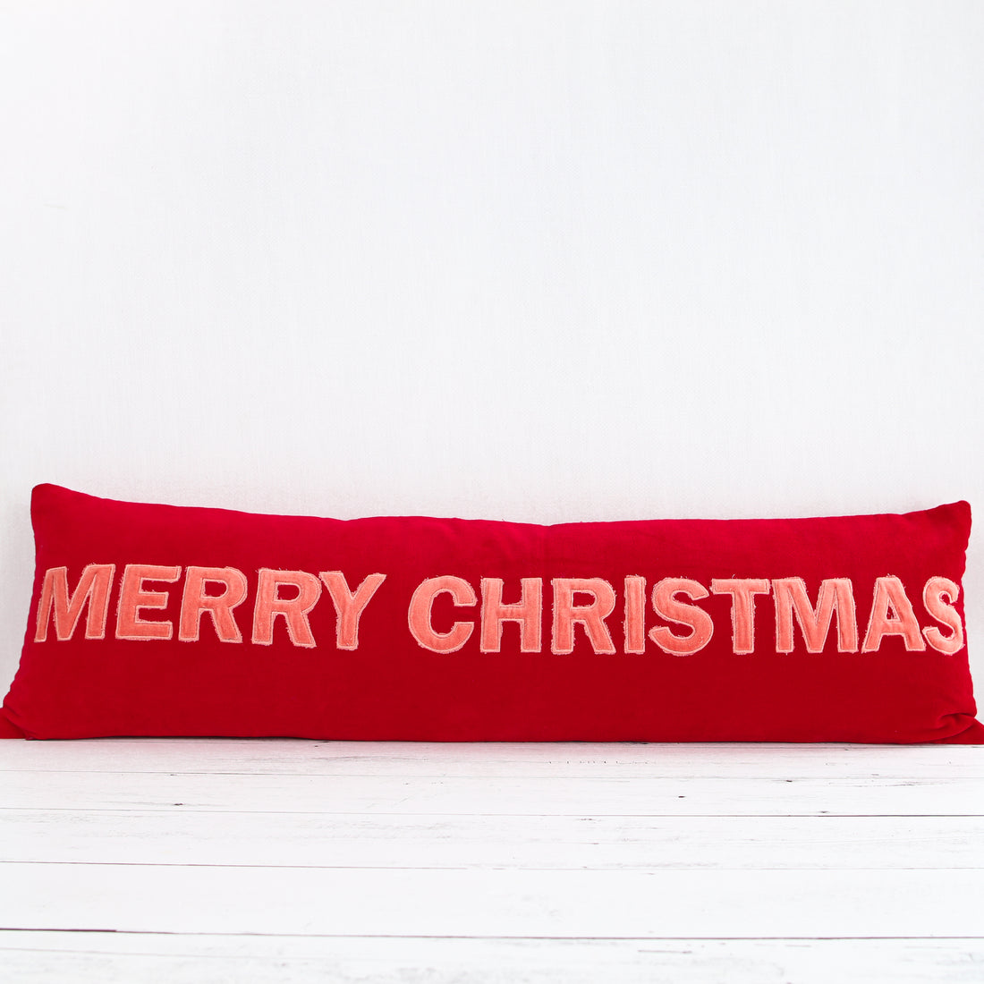 Pink And Red Velvet Merry Christmas Lumbar Pillow