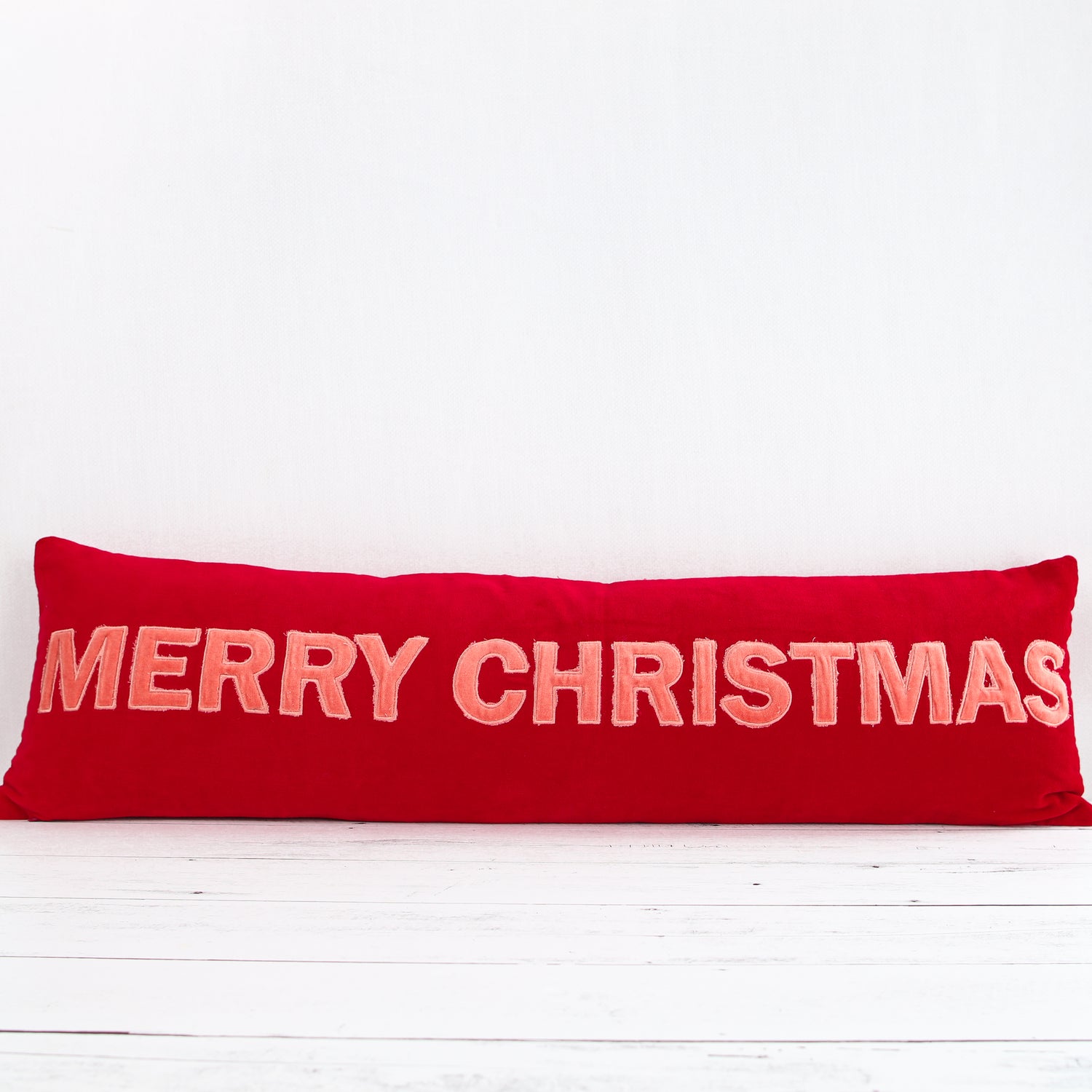 Pink And Red Velvet Merry Christmas Lumbar Pillow