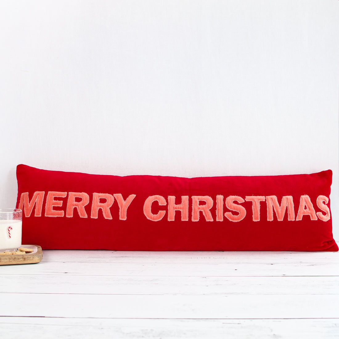 Pink And Red Velvet Merry Christmas Lumbar Pillow
