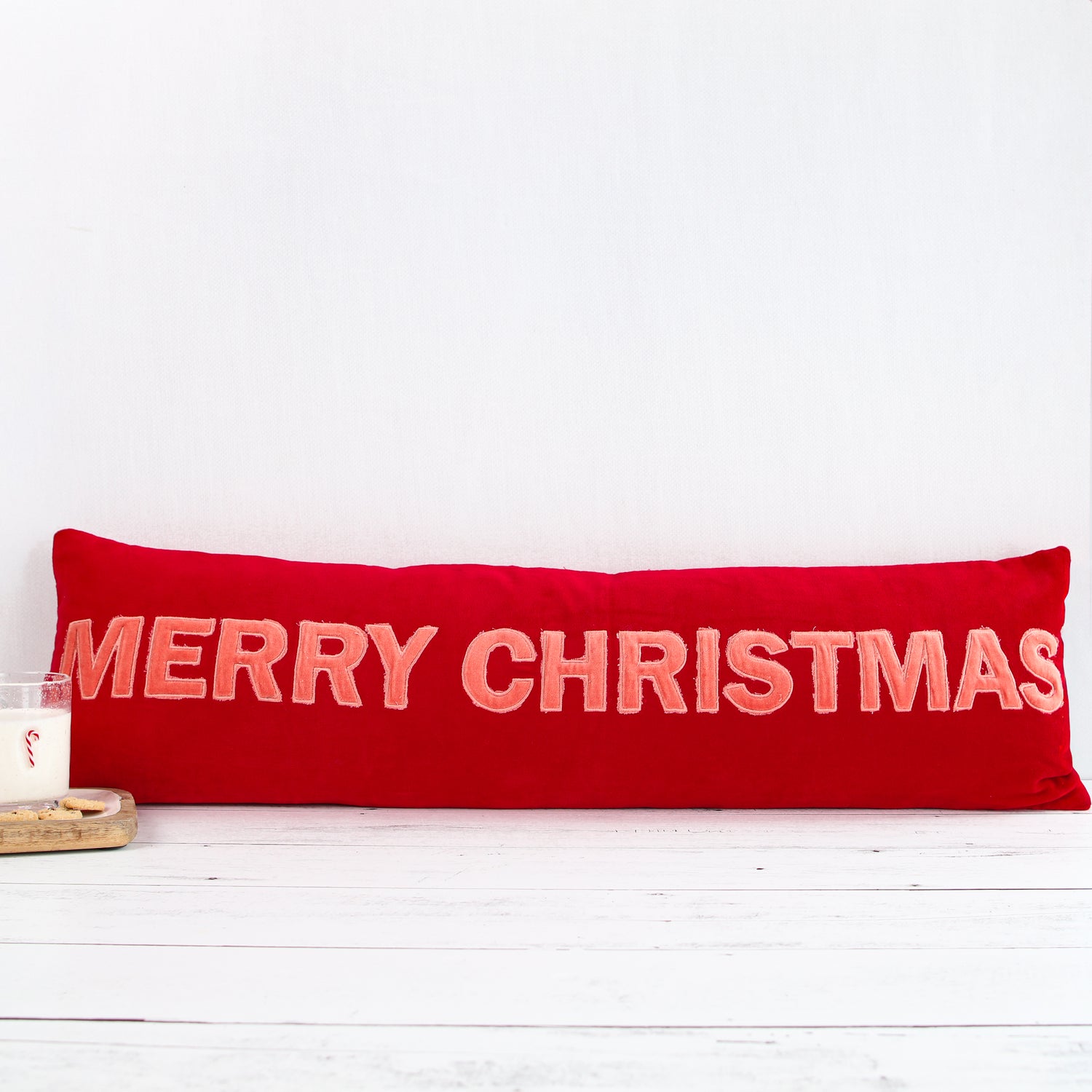 Pink And Red Velvet Merry Christmas Lumbar Pillow