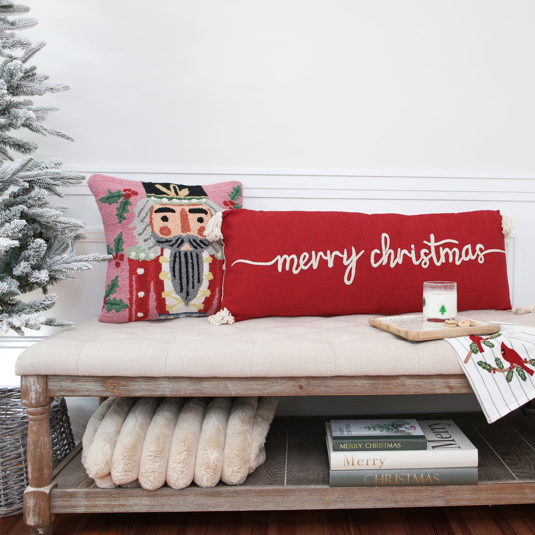 Red Merry Christmas Lumbar Pillow with Tassels