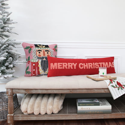 Pink And Red Velvet Merry Christmas Lumbar Pillow