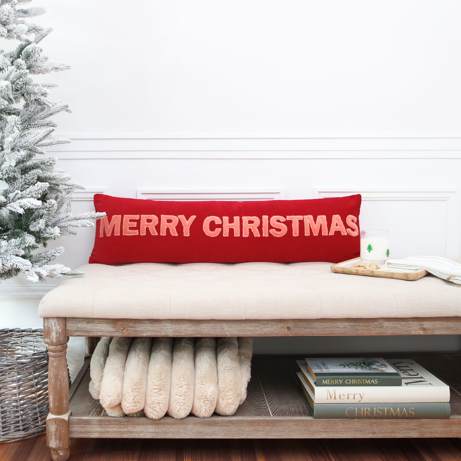 Pink And Red Velvet Merry Christmas Lumbar Pillow