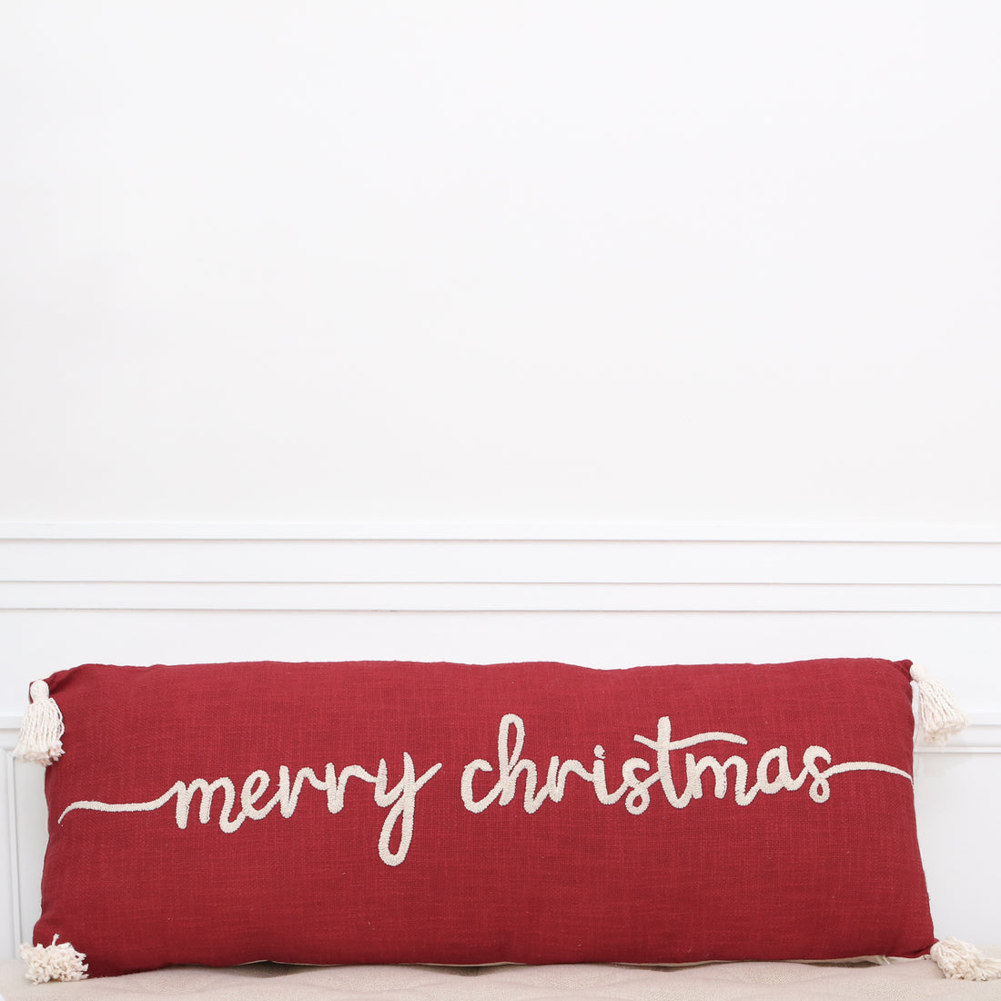 Red Merry Christmas Lumbar Pillow with Tassels