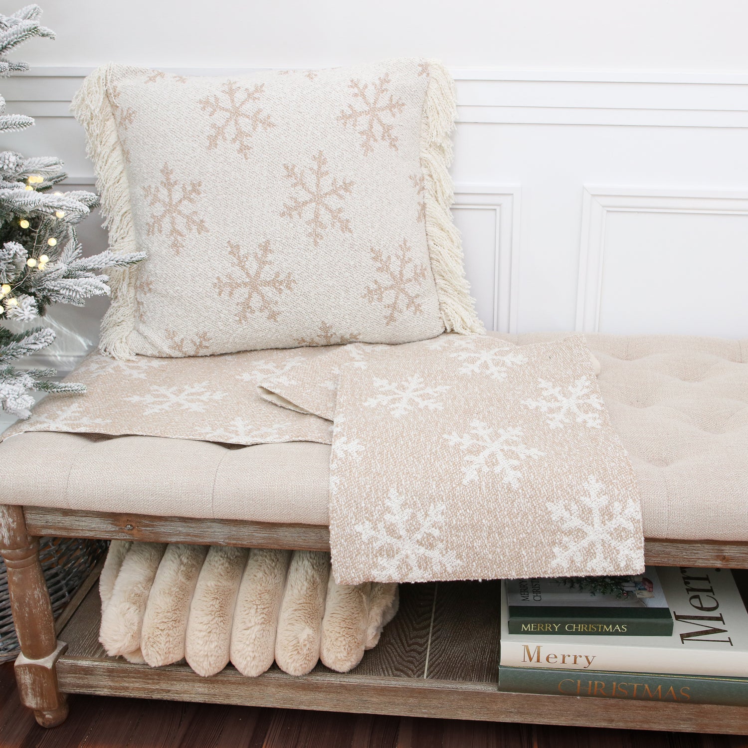 Square Snowflake Pillow with White Fringe