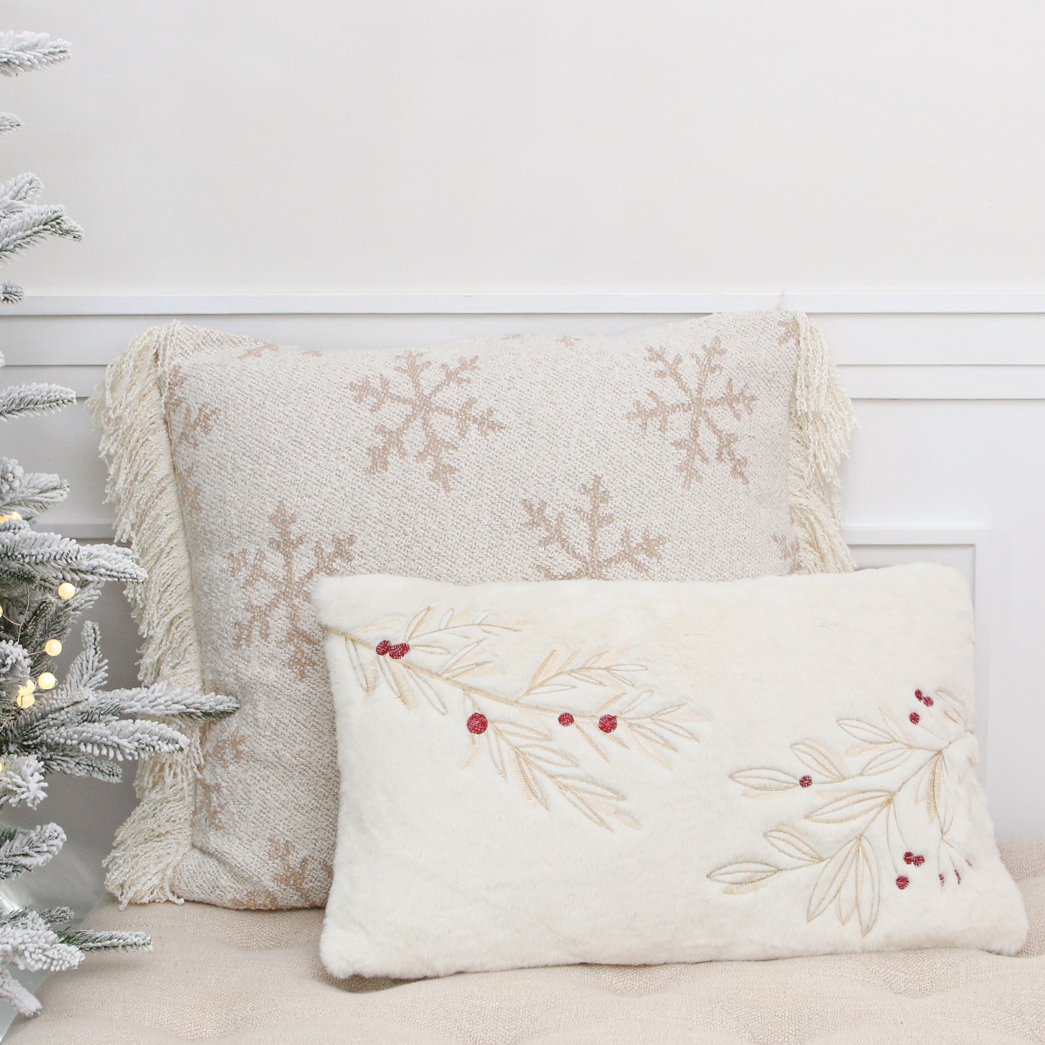 Square Snowflake Pillow with White Fringe