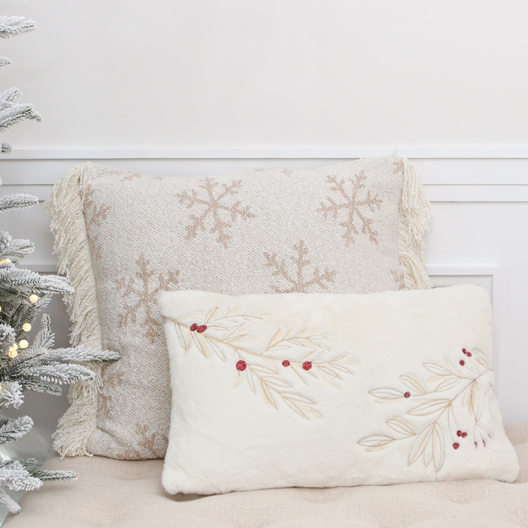 Square Snowflake Pillow with White Fringe
