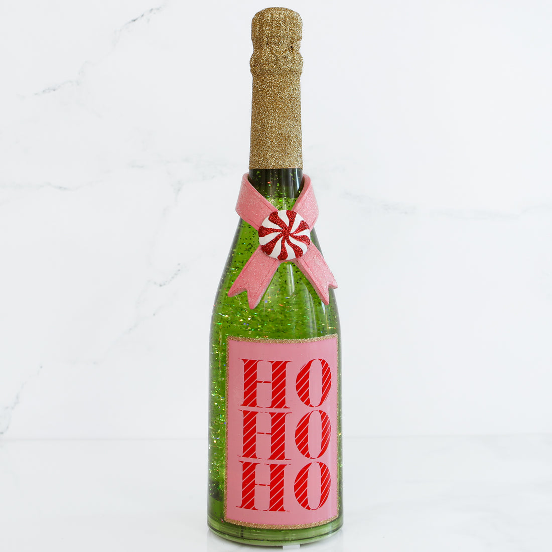 Lighted Pink Label Champagne Bottle with Swirling Glitter