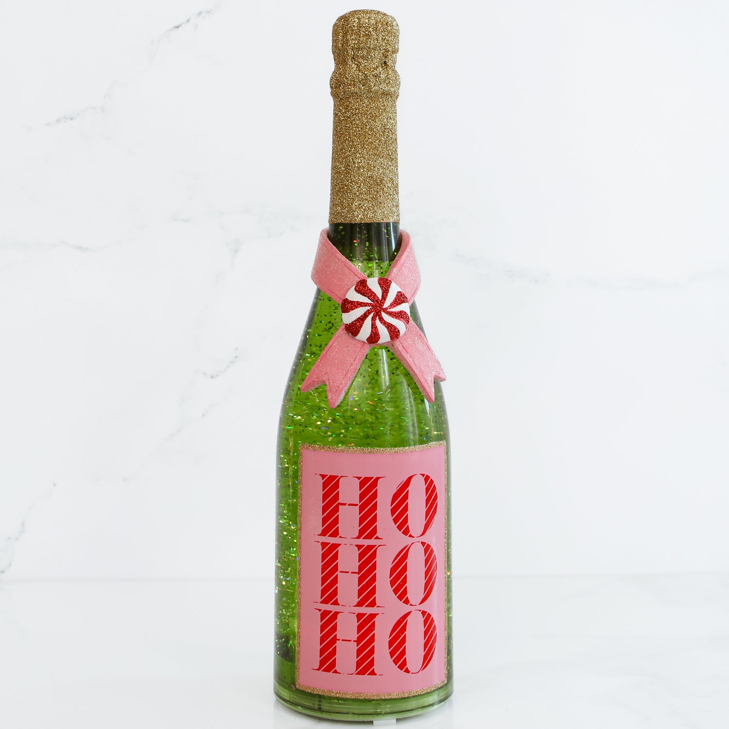 Lighted Pink Label Champagne Bottle with Swirling Glitter