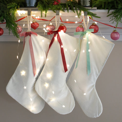 DOORBUSTER Cream Velvet Stocking with Bow, Set of 3 - Interior Delights