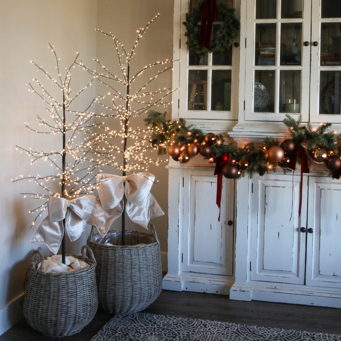 Curated Set: 2 Slim Trunk LED Trees and 2 Round Willow Baskets