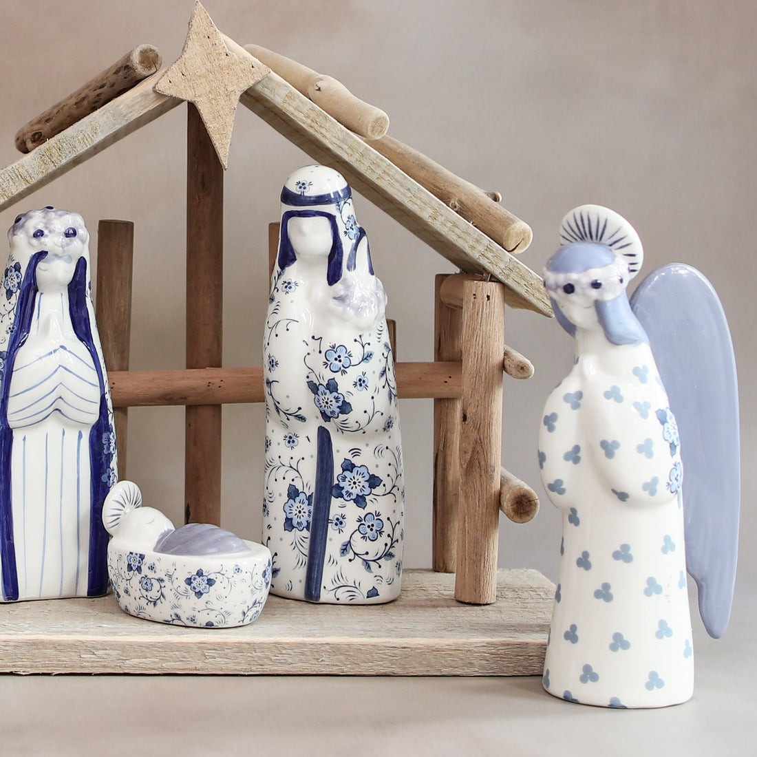 Ceramic Blue Floral Nativity Set