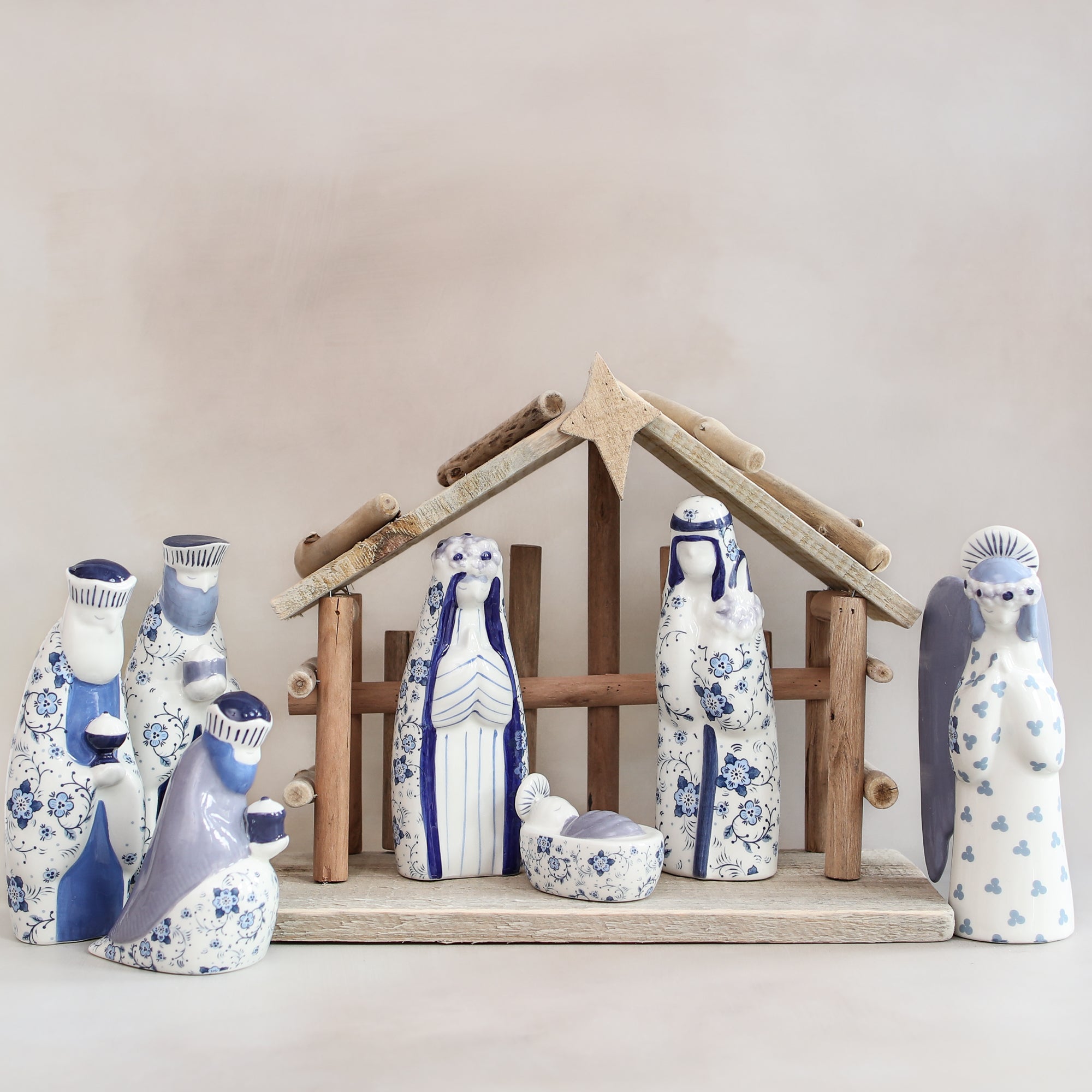 Ceramic Blue Floral Nativity Set