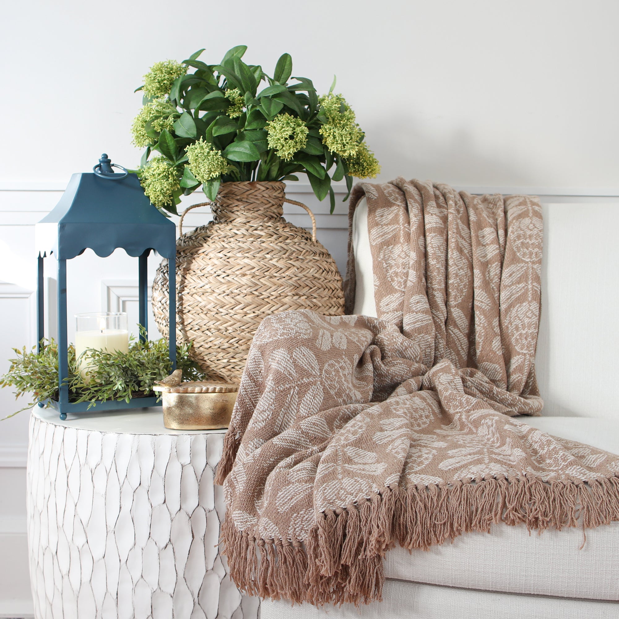 Neutral Floral Print Throw