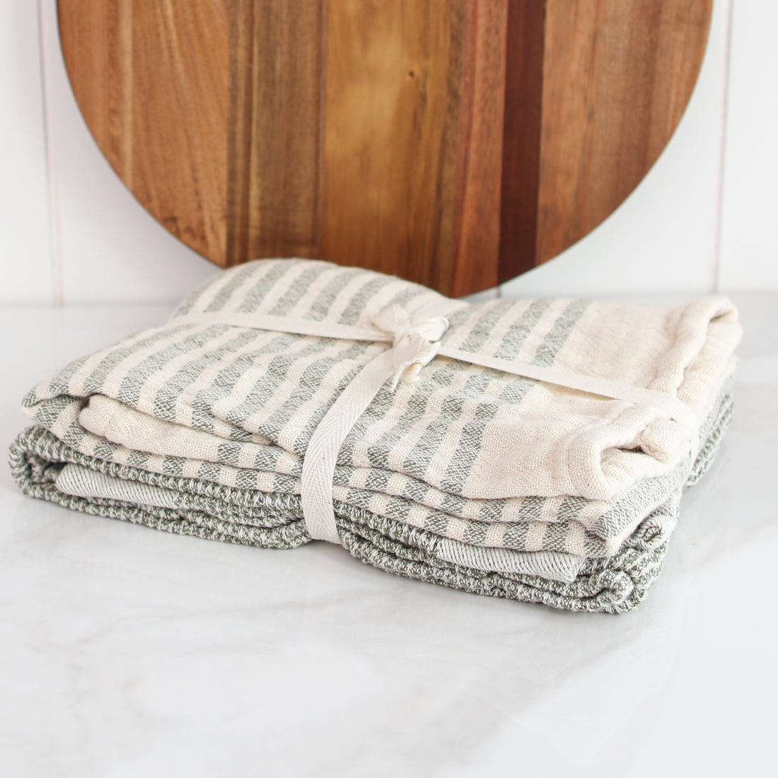 Olive Green Striped Towels, Set of 2