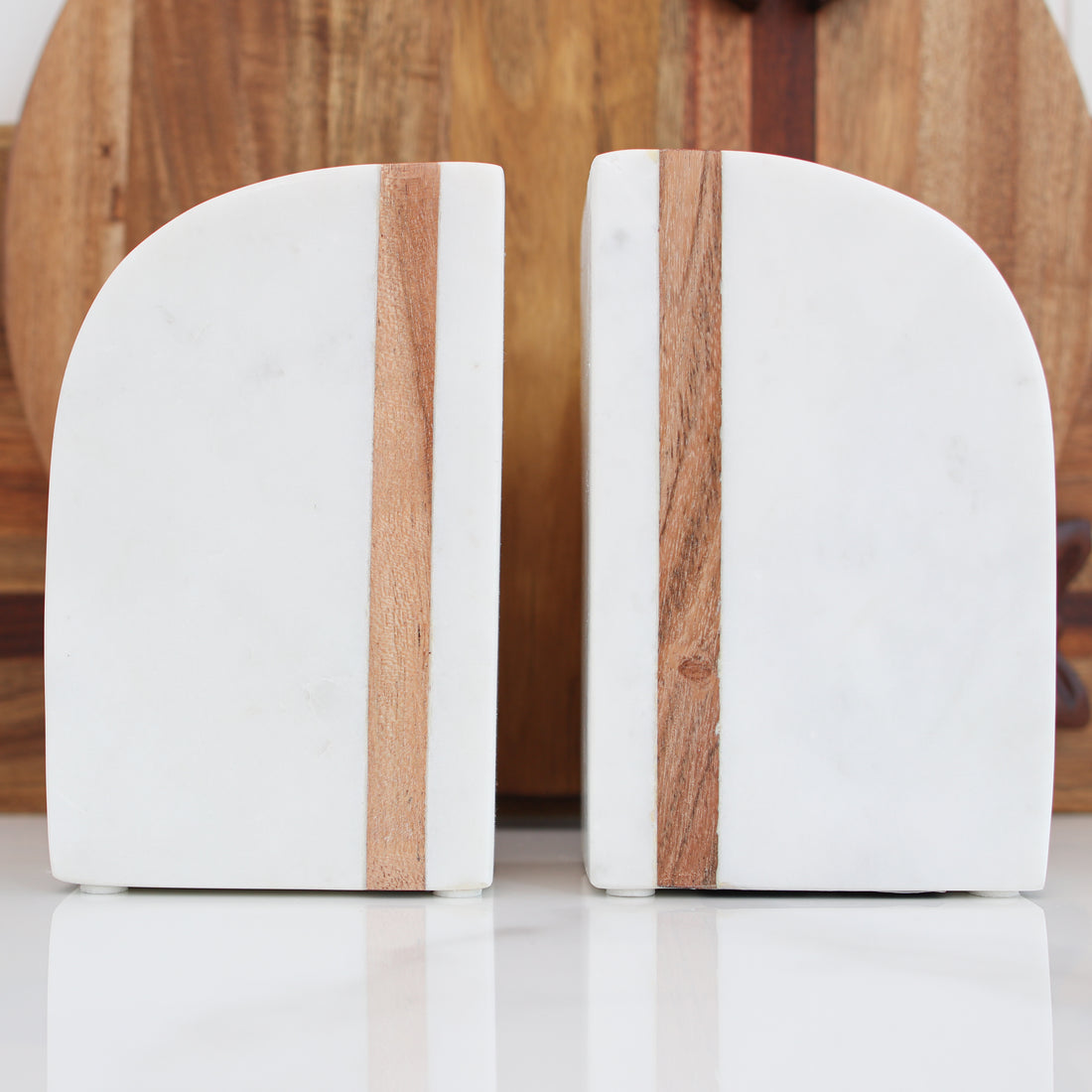 Marble Bookends with Wood Stripe, Set of 2