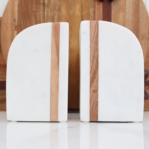 Marble Bookends with Wood Stripe, Set of 2 - Interior Delights
