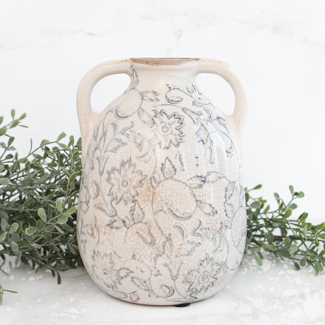 7.5" Blue Grey Floral Heirloom Double Handle Vase