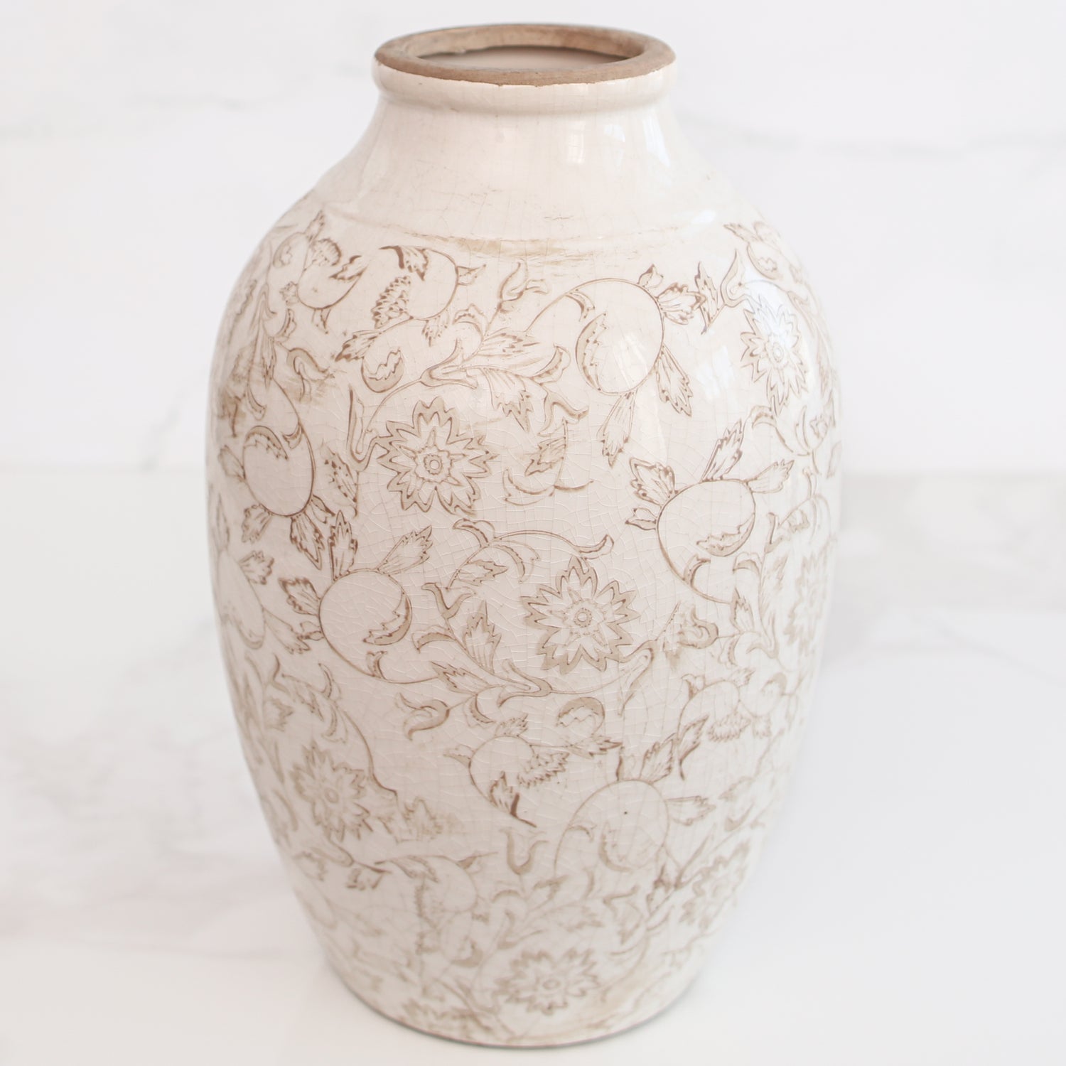 12.5" Beige Floral Heirloom Vase - Interior Delights