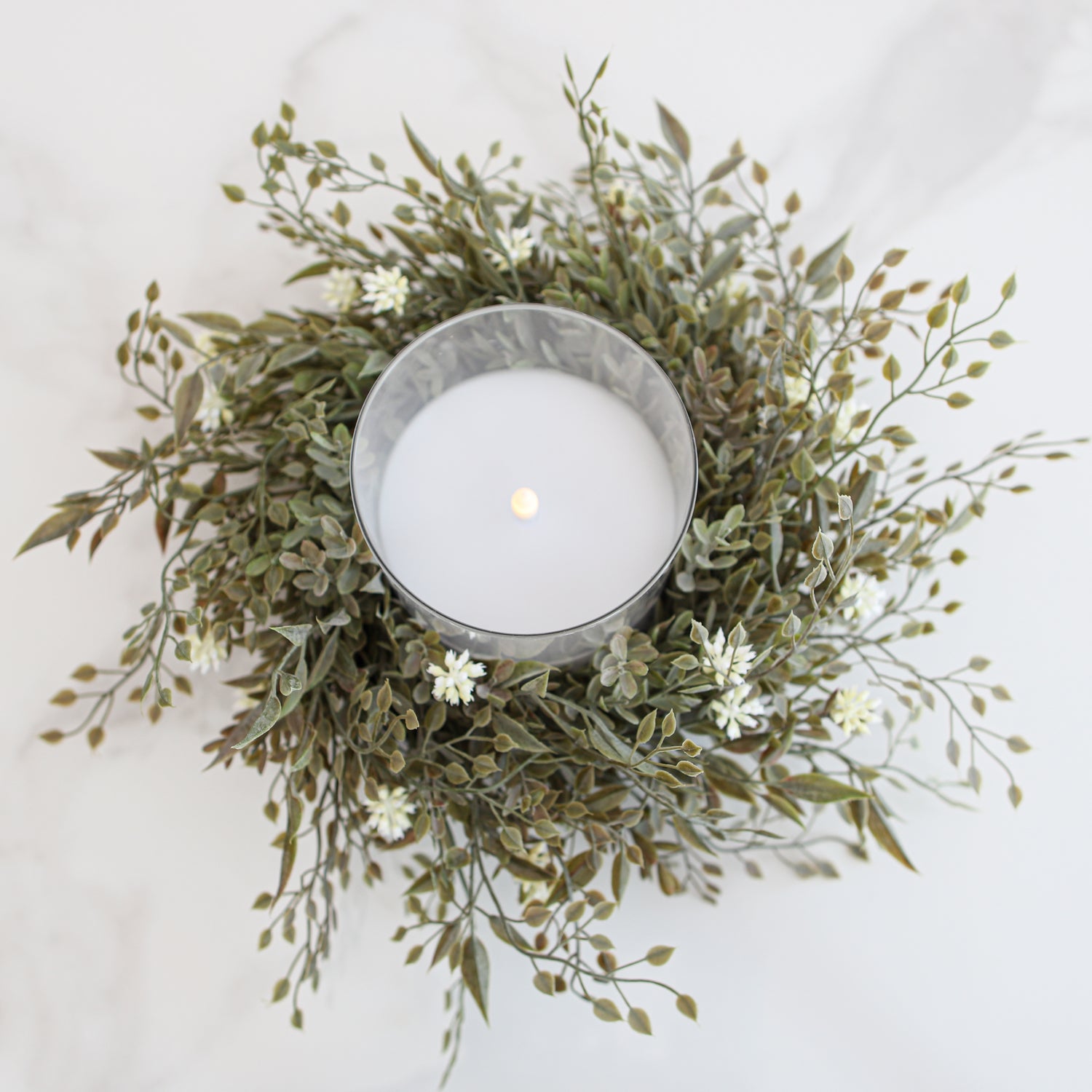 11" Sage Green Candle Ring with Cream Flowers