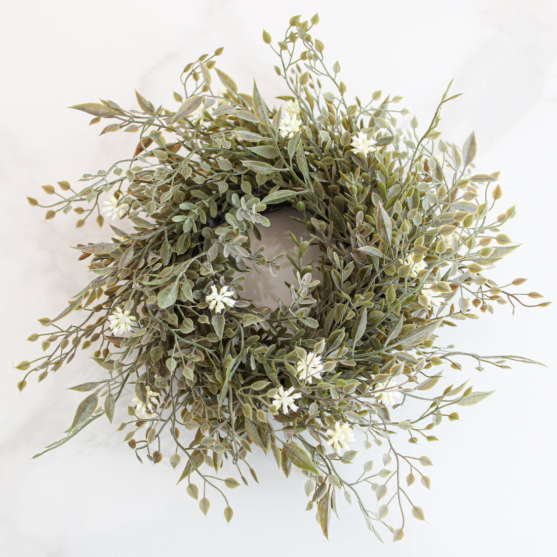 11" Sage Green Candle Ring with Cream Flowers