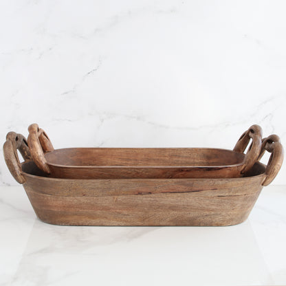 Wooden Braided Handle Dough Bowl, Set of 2