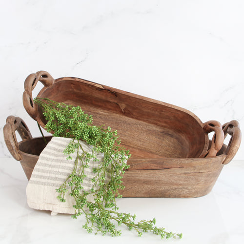 Wooden Braided Handle Dough Bowl, Set of 2 - Interior Delights