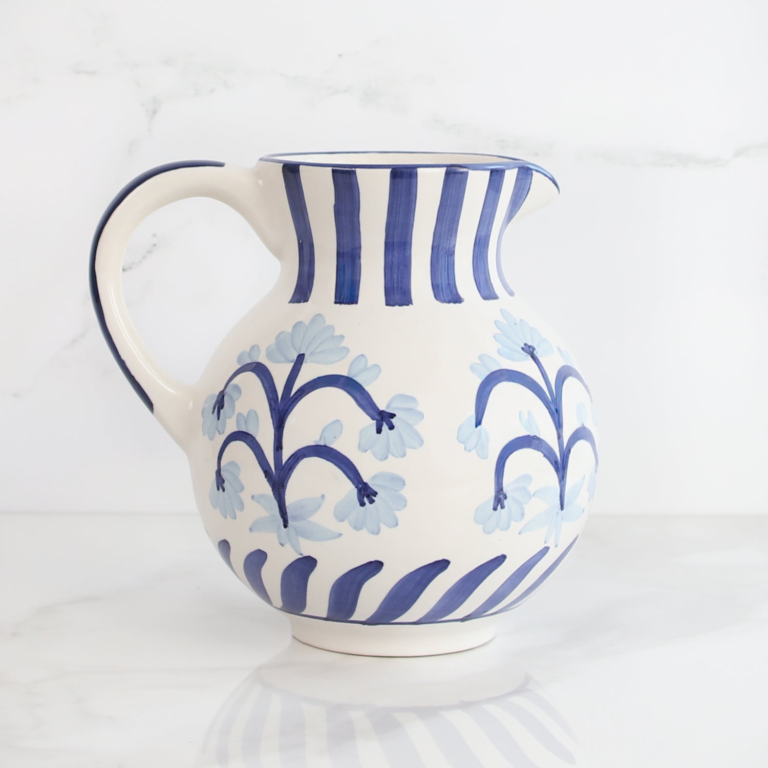 Blue Floral and Stripe Pitcher