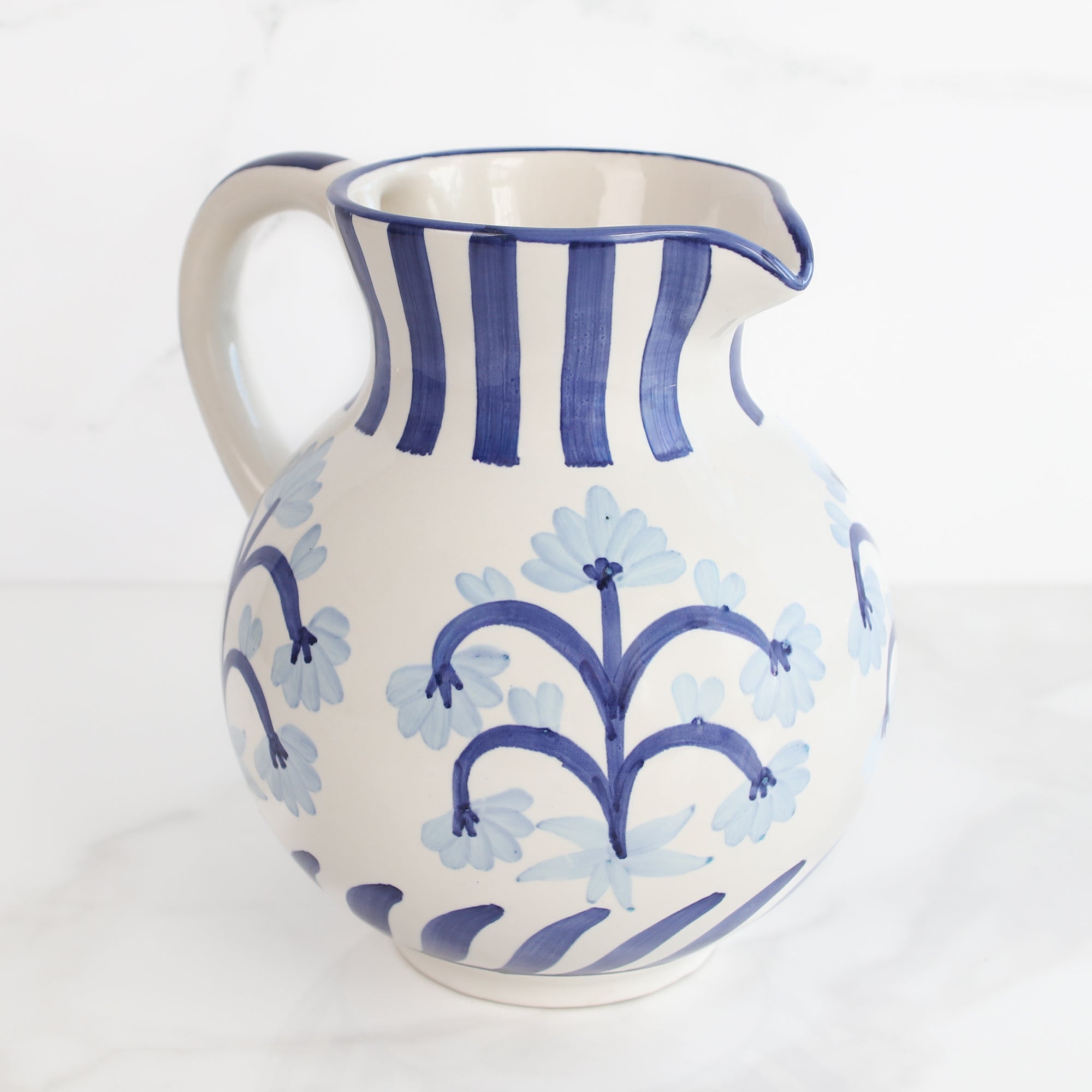 Blue Floral and Stripe Pitcher