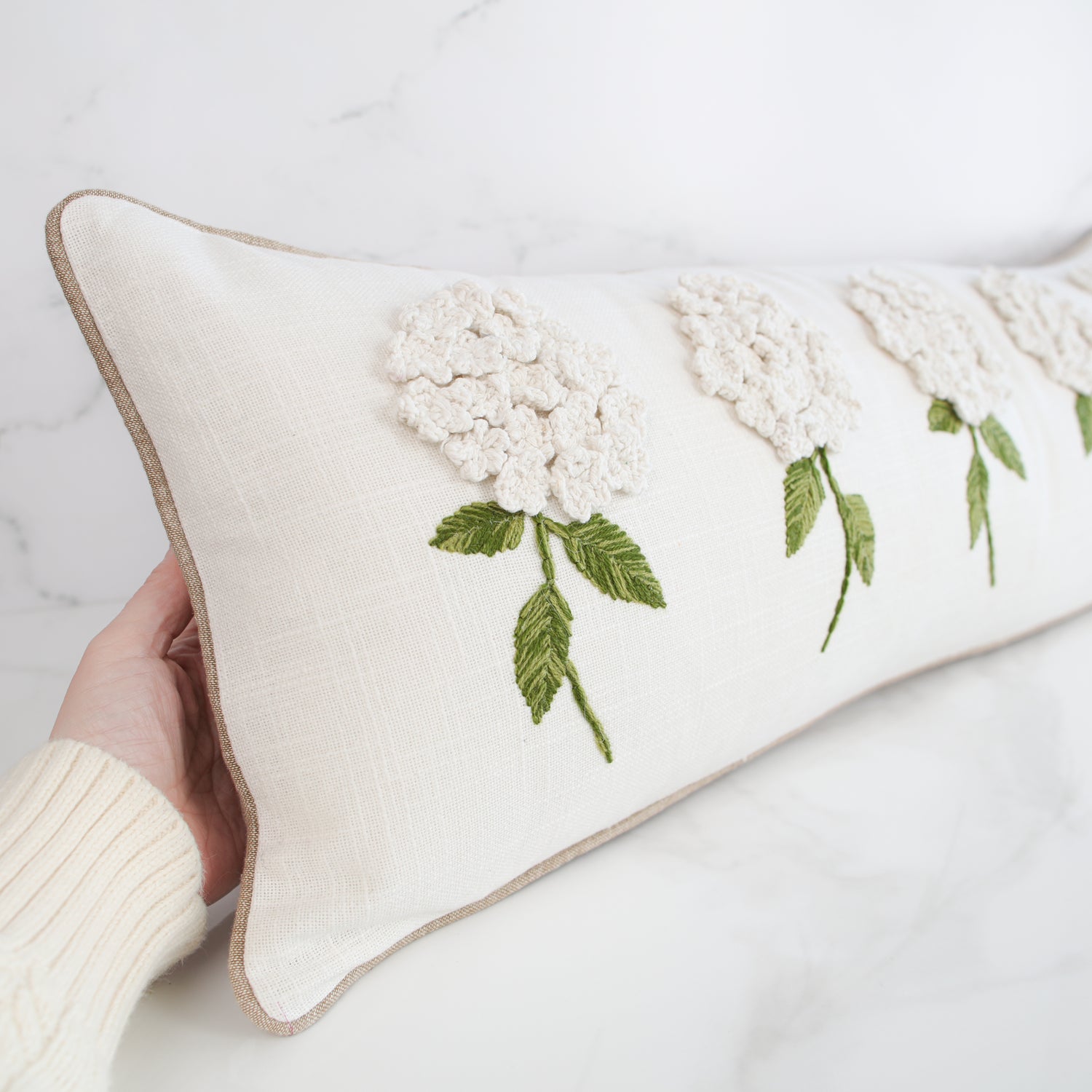 White Hydrangea Long Lumbar Pillow