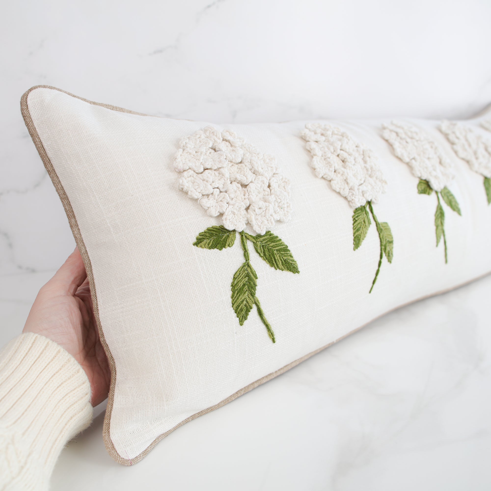 White Hydrangea Long Lumbar Pillow