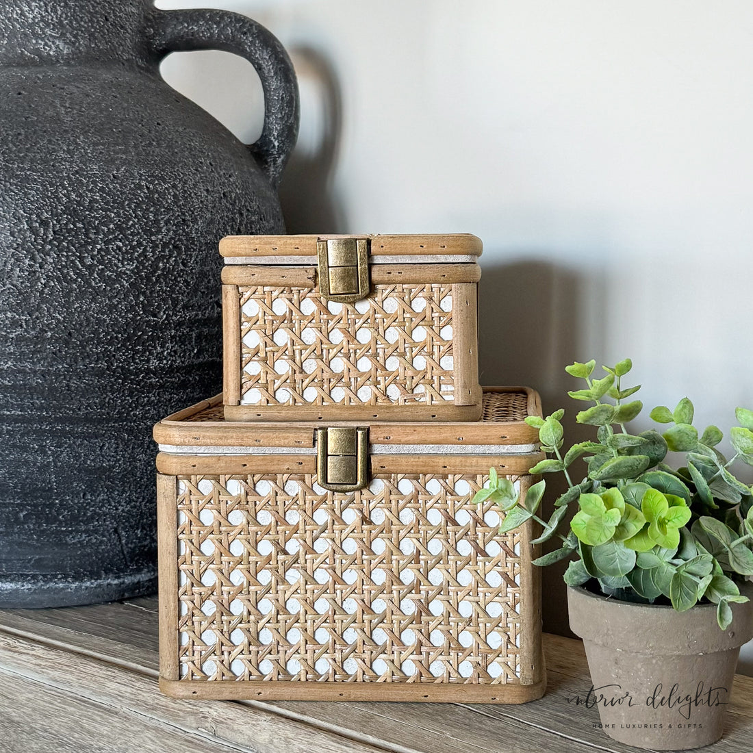 Rattan Boxes with Bronze Latches- Set of 2