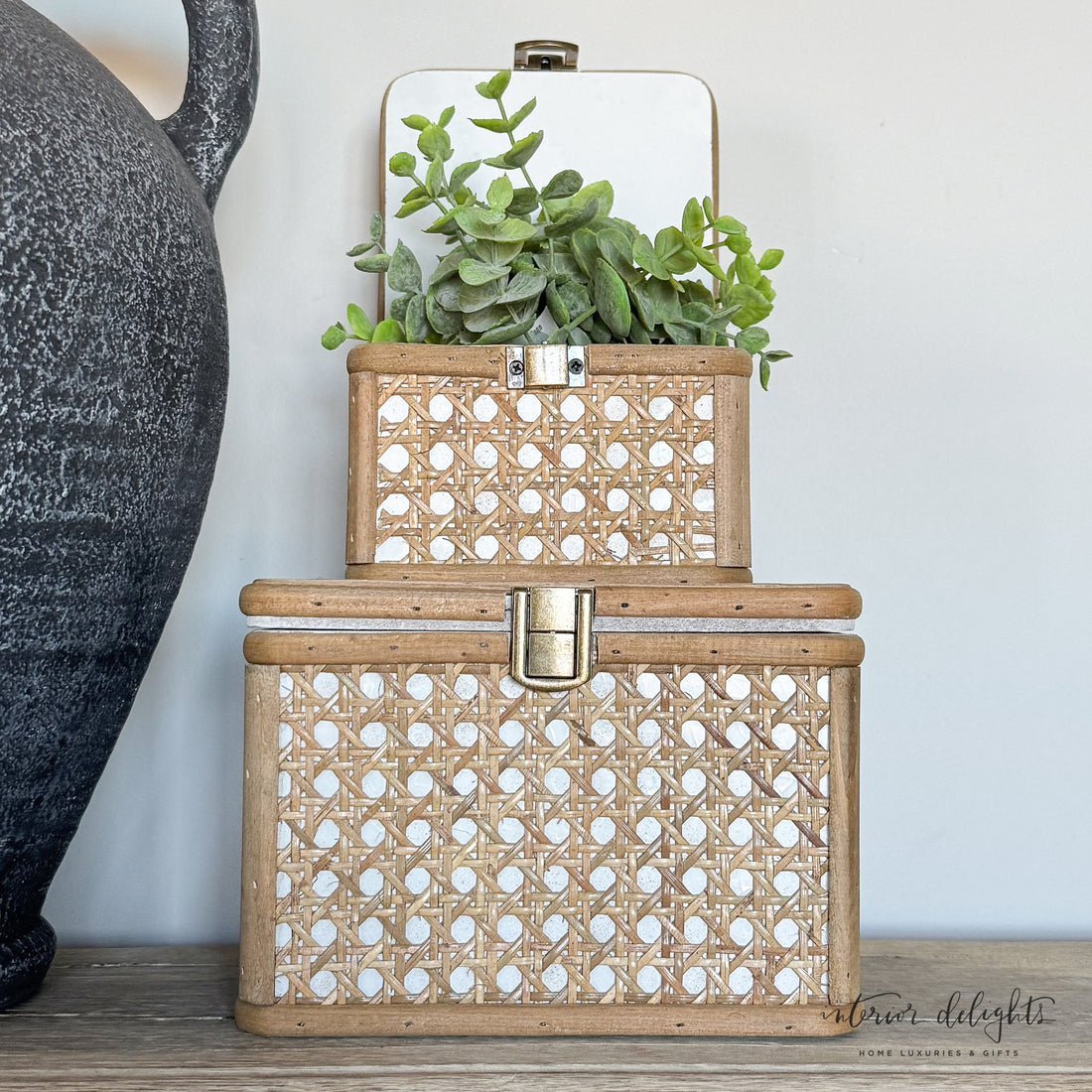 Rattan Boxes with Bronze Latches- Set of 2