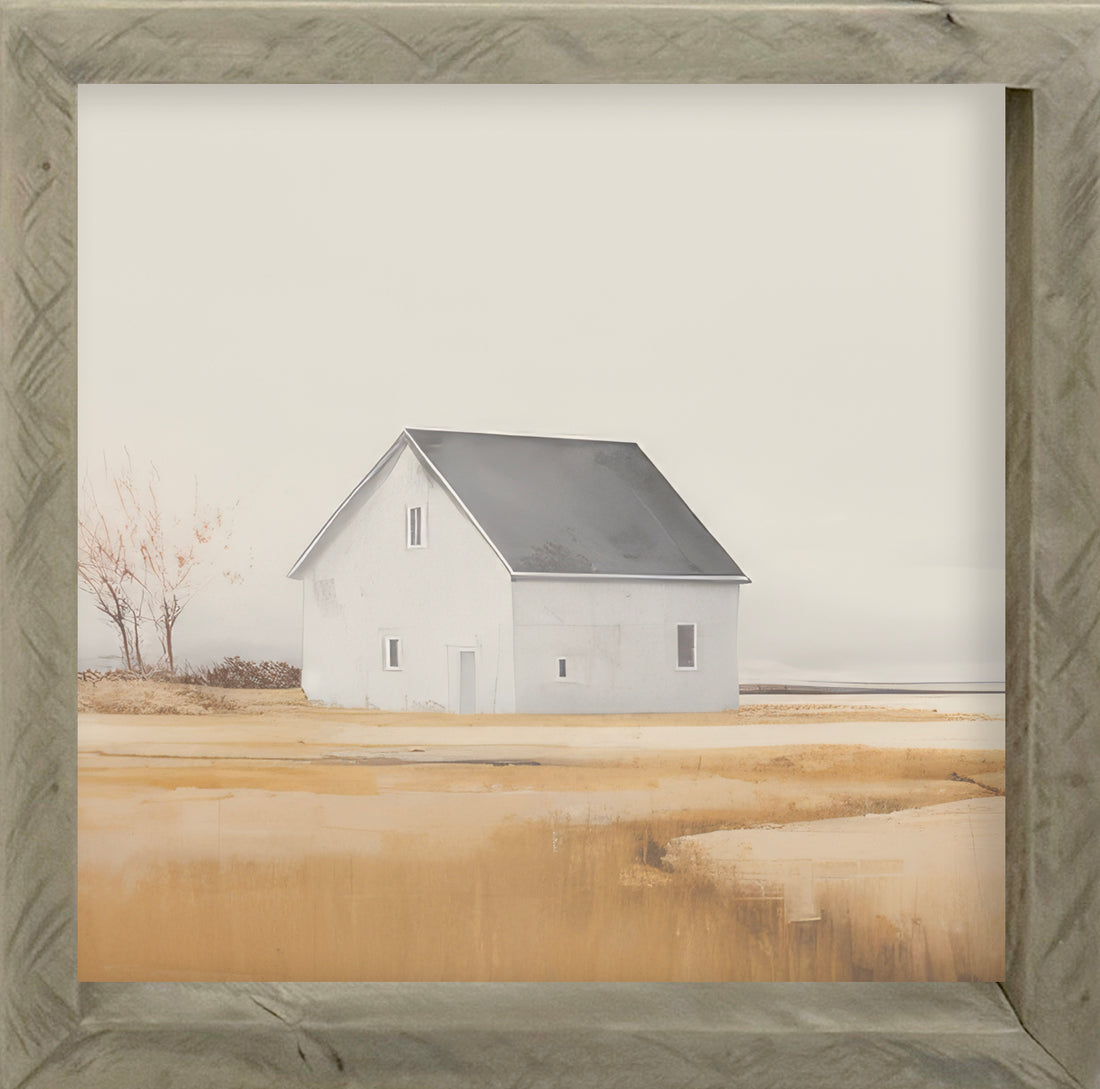 Barn 2 23x23 Thin Timberwood framed artwork printed on Raw Natural Canvas, showcasing a rustic, time-worn aesthetic.