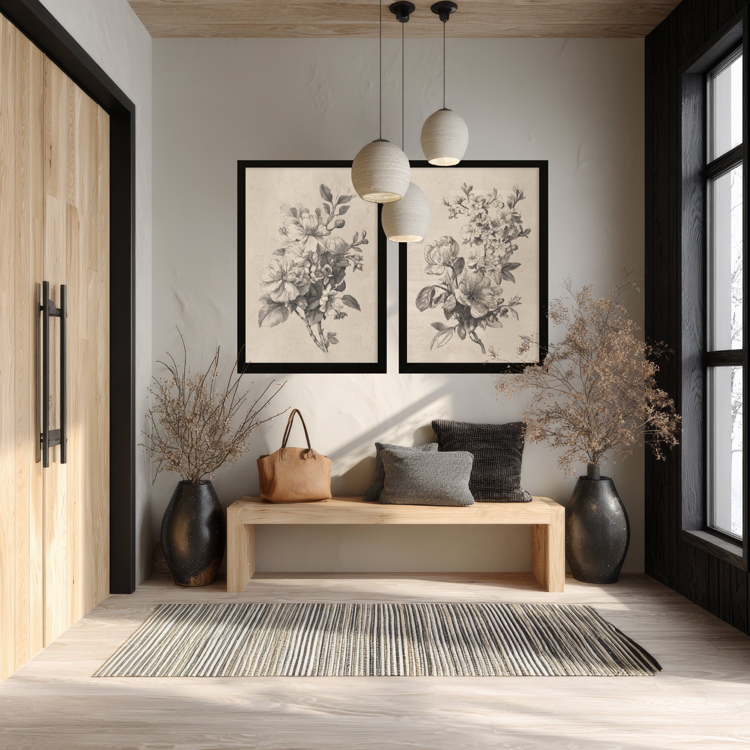 24x36 Flat Black Sketched Botanical ( Set of 2)