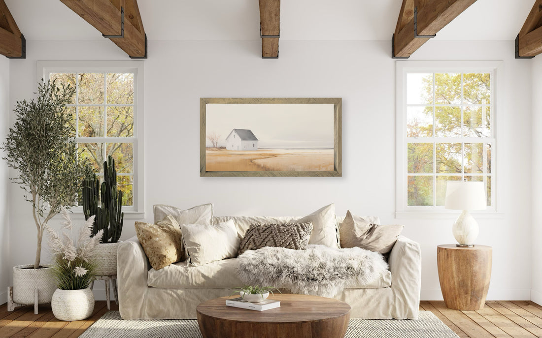Barn 2 24x48 Thin Timberwood framed artwork featuring a vintage image printed on raw natural canvas, showcasing a rustic aesthetic with unique wood grain variations.