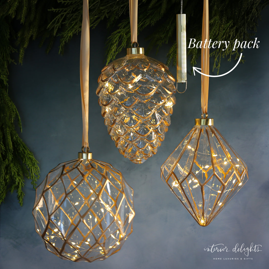 Etched Glass LED Individual Ornament in Pinecone shape, perfect for adding sparkle to your Christmas tree.