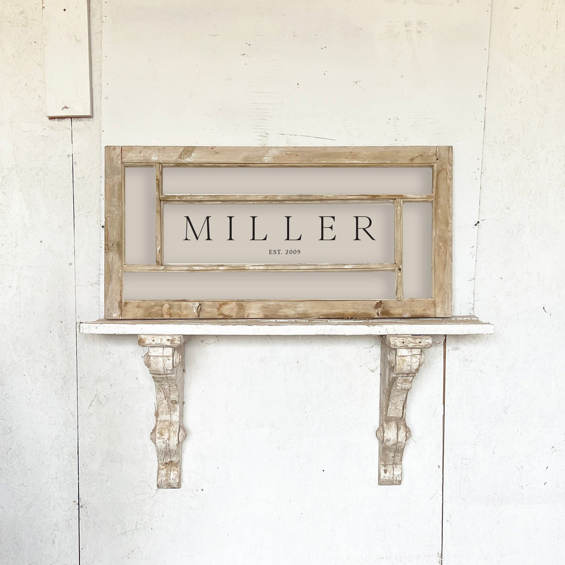 Customize - Est. Frame made from vintage European windows, showcasing unique paint and hardware, perfect for displaying your personalized photography.