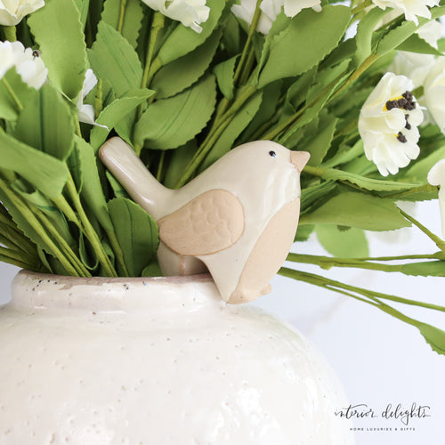 Bird Pot Perch decoration in beige and off-white ceramic for indoor plant styling.