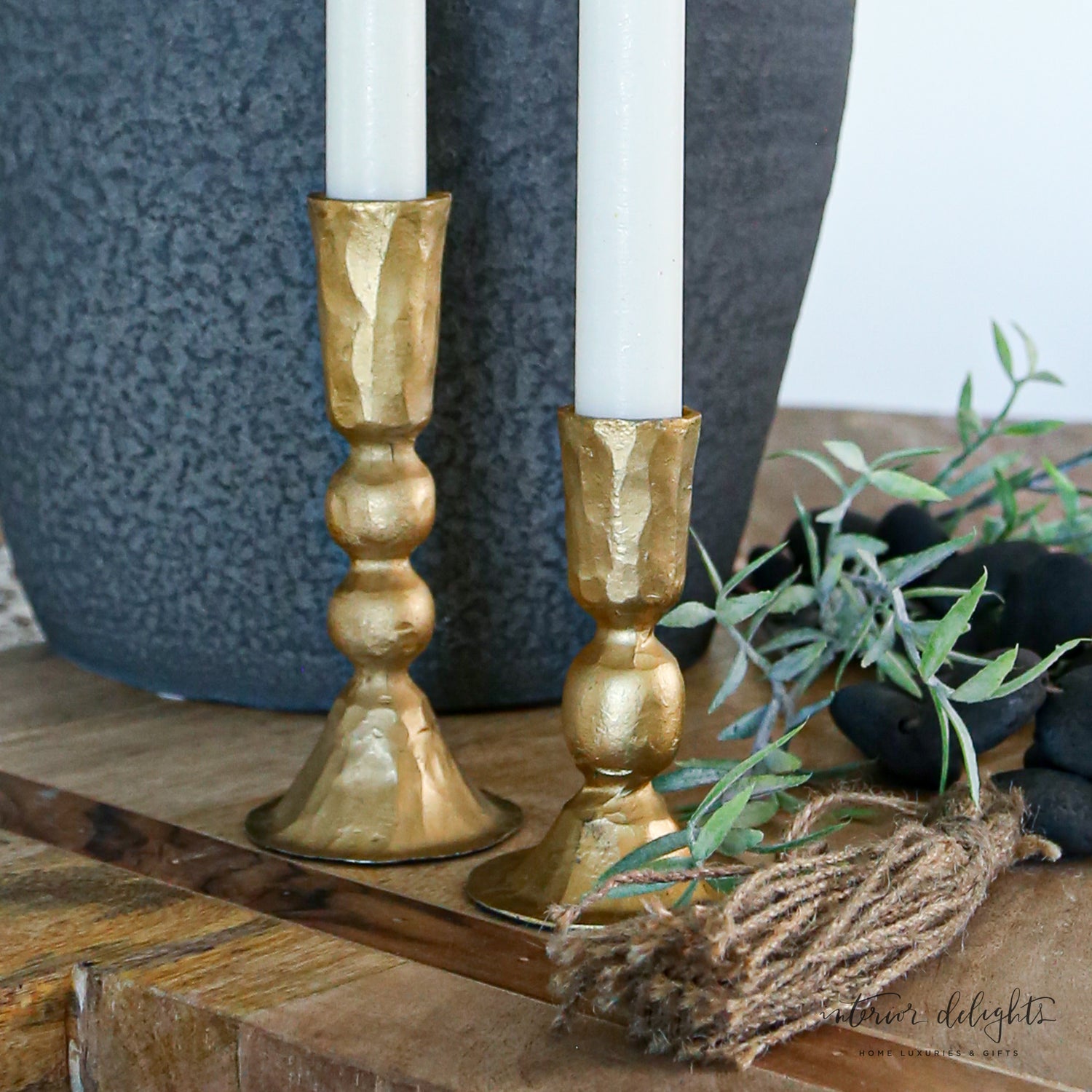 Hammered Gold Short Candle Holders- Set of 2 - Interior Delights