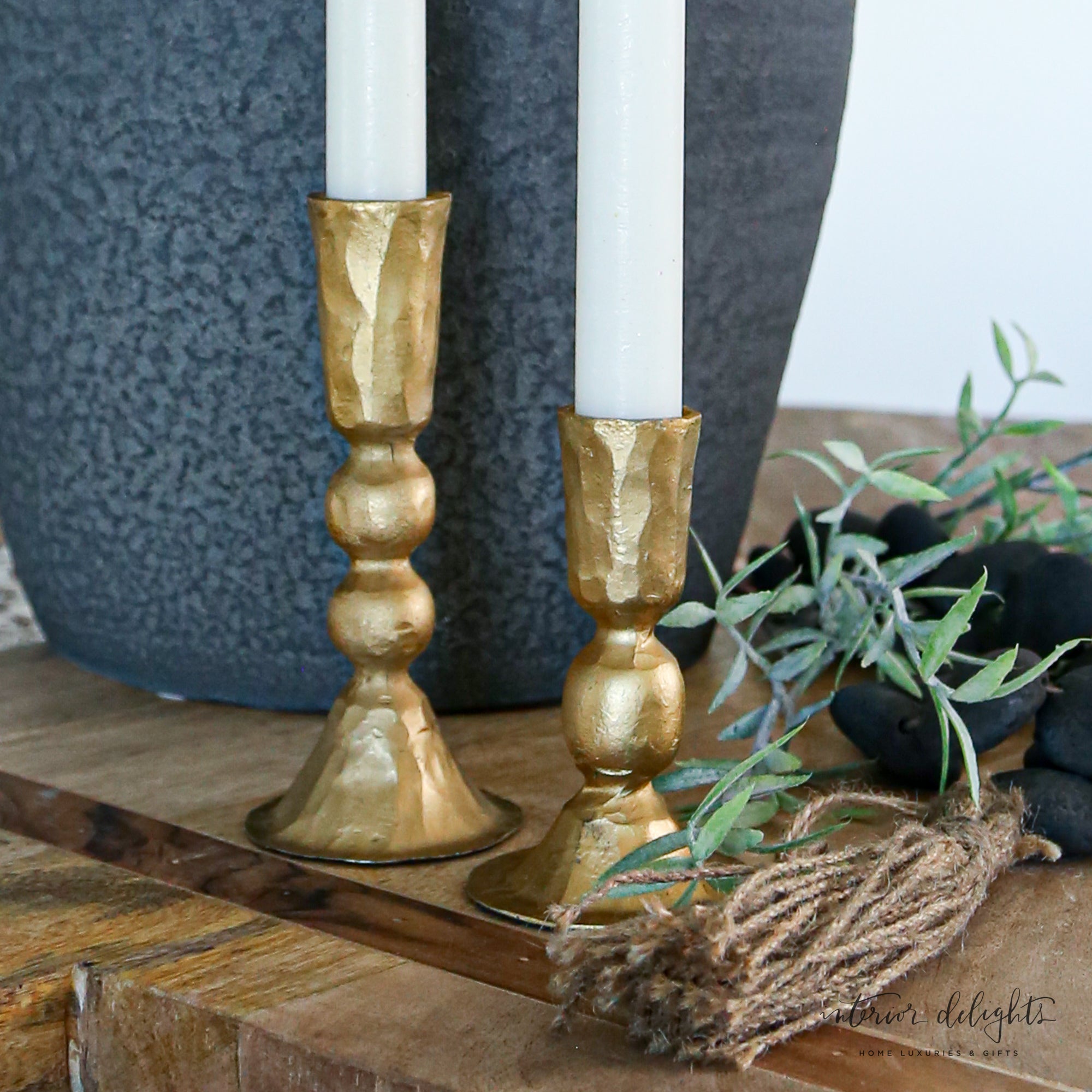 Hammered Gold Short Candle Holders- Set of 2 - Interior Delights