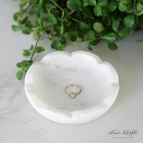 Marble Bowl with scalloped detailing, perfect for jewelry storage or stylish home decor.