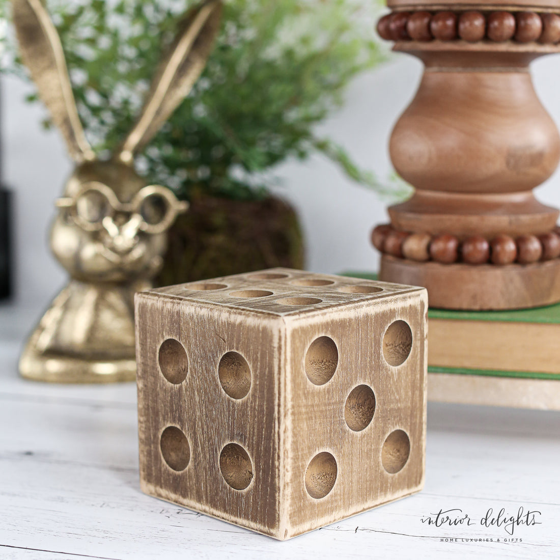 Natural Wood Die measuring 4x4x4 inches, perfect for craft projects and decor.