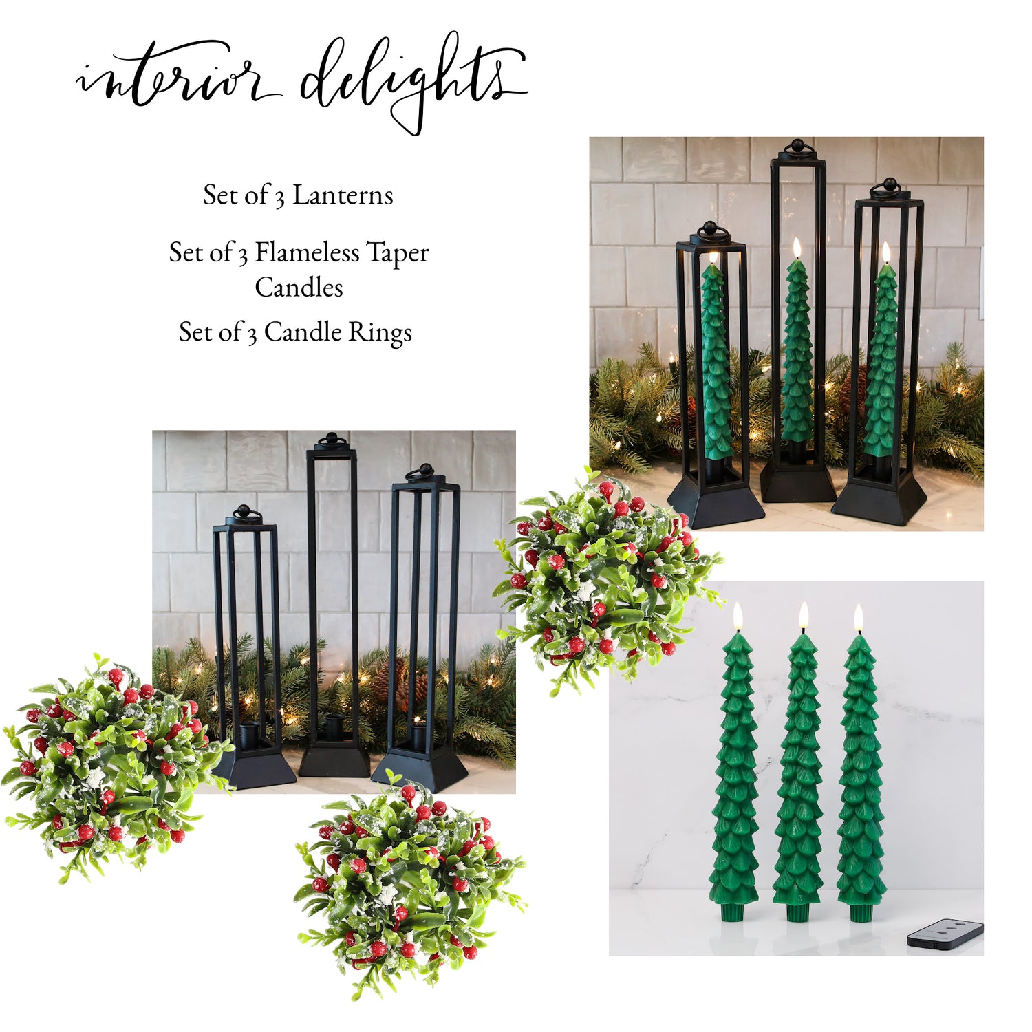Arrangement:  Set of 3 Black Lanterns + Set of 3 Green Tree Tapers + 3 Snowy Boxwood Candle Ring
