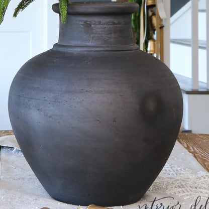 Arrangement: 13.5 in Black Terracotta Vase + Six 35&quot; Snowy Pine Branch With Red Bells