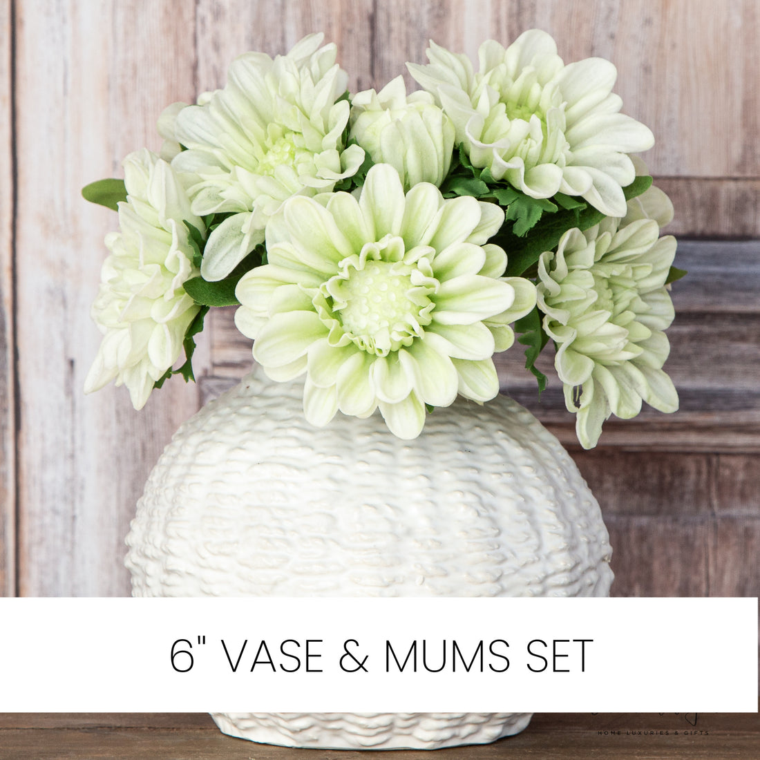 Curated Set: 6&quot; Woven Ceramic Vase + Two White Mum Bundles