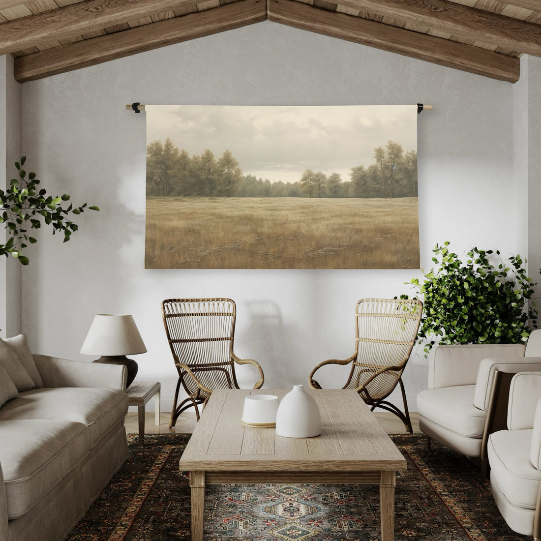 Treescape Scroll featuring a horse with landscape image printed on raw natural canvas, designed for a rustic home decor vibe.