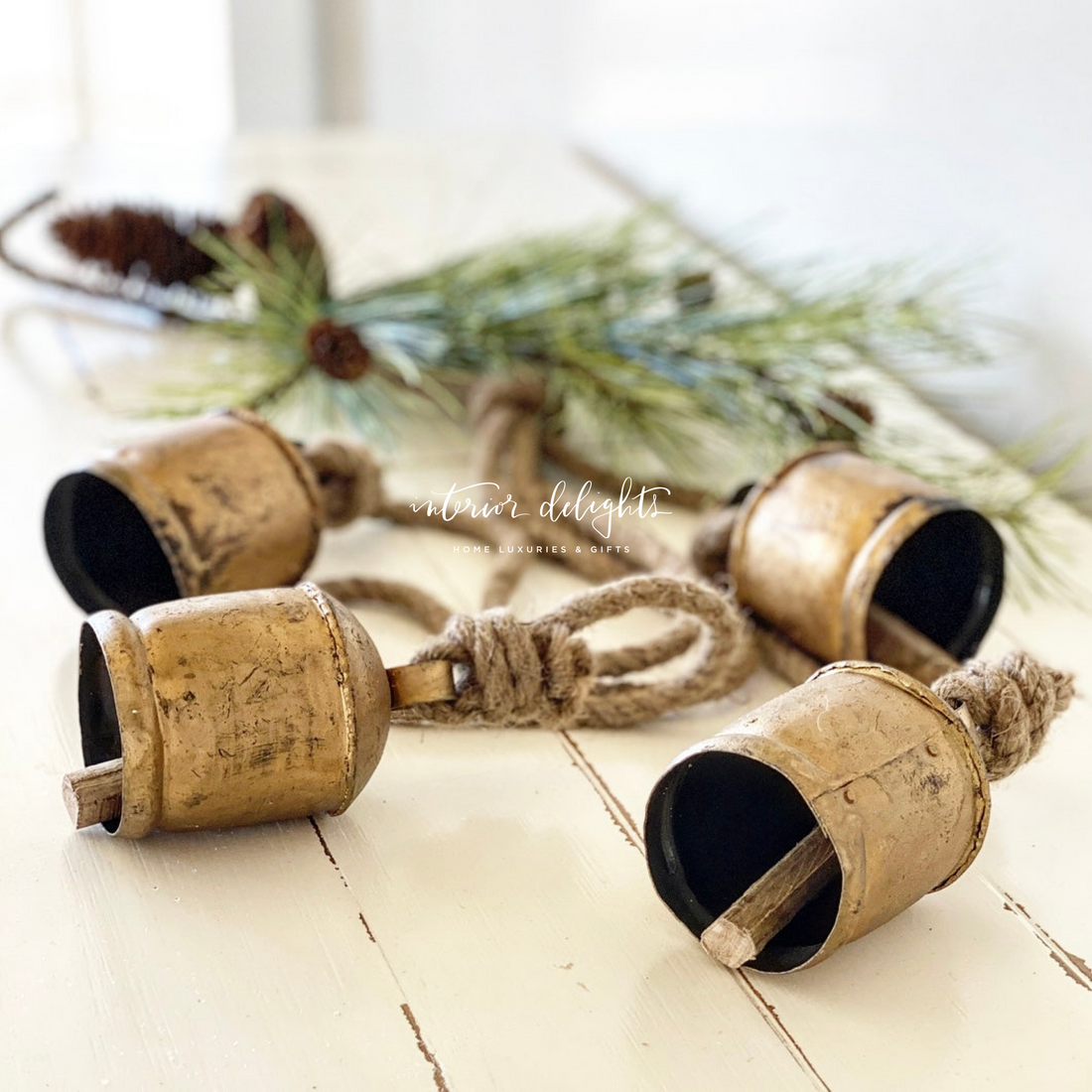 4 Rustic Iron Bells on Rope